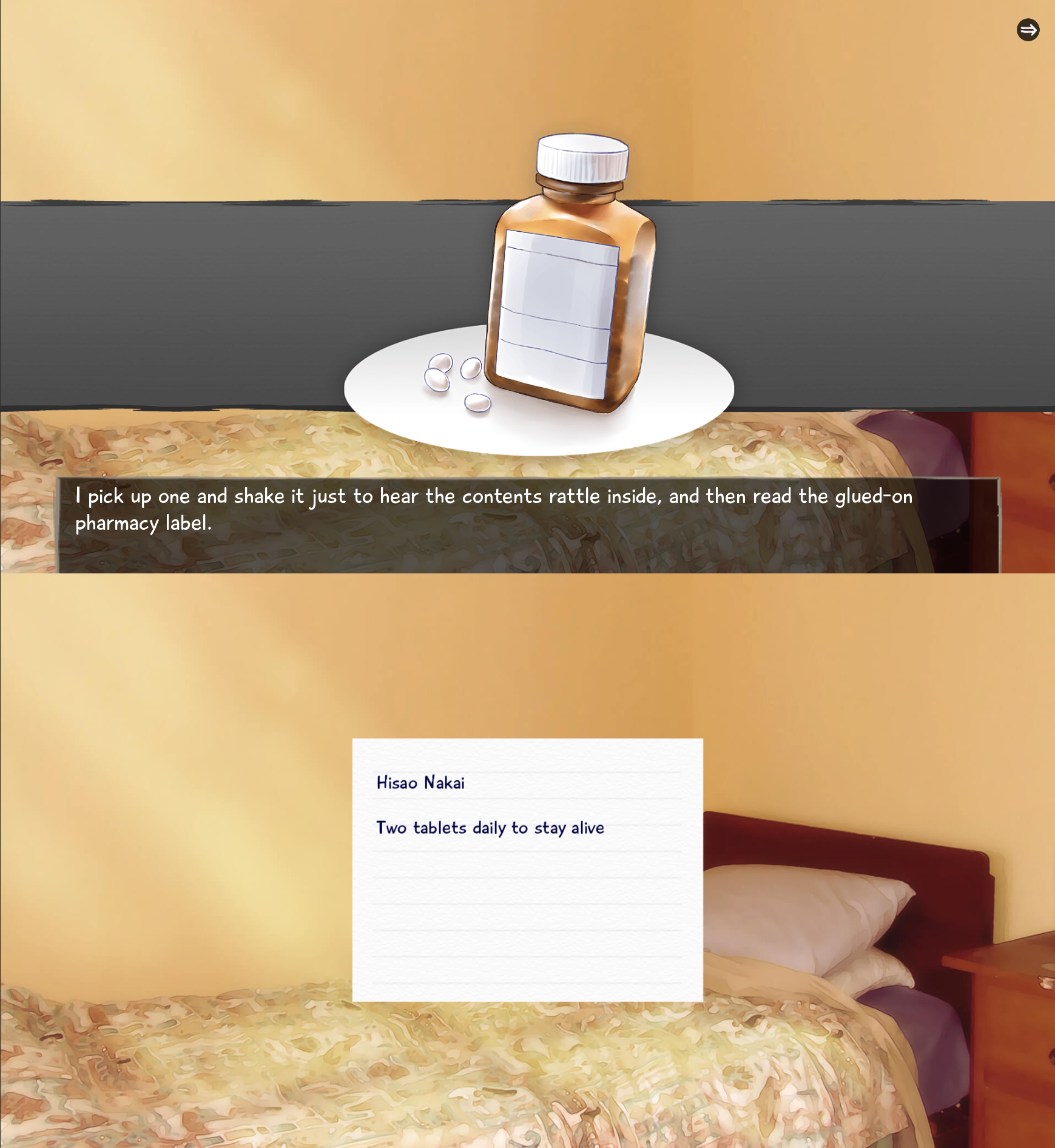 Hisao with his new daily medicine and a note saying to take two of these to not die