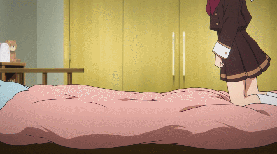 kumiko falling on her bed after a long school day