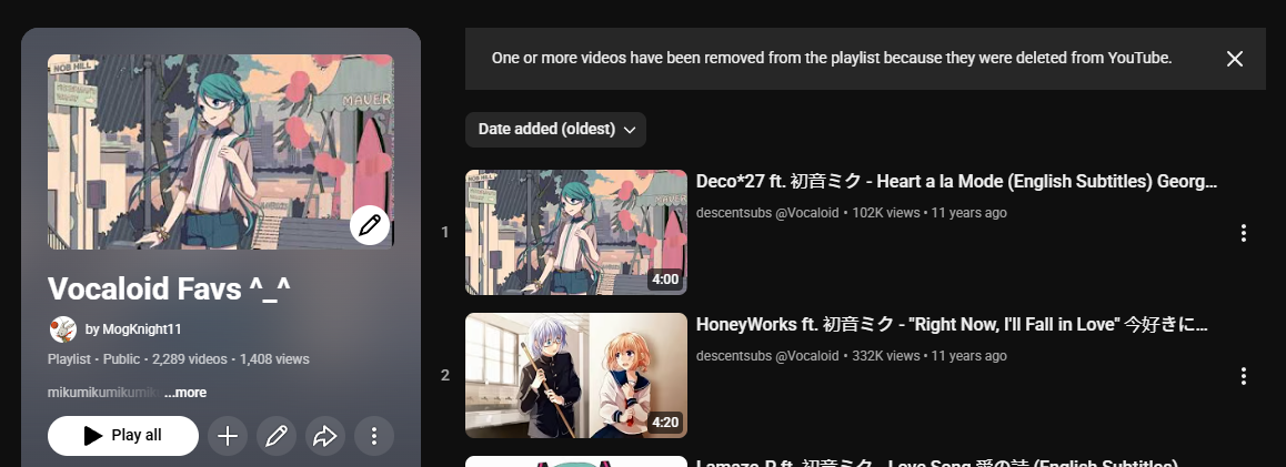 Miku Youtube playlist showing the first video I added in 2015