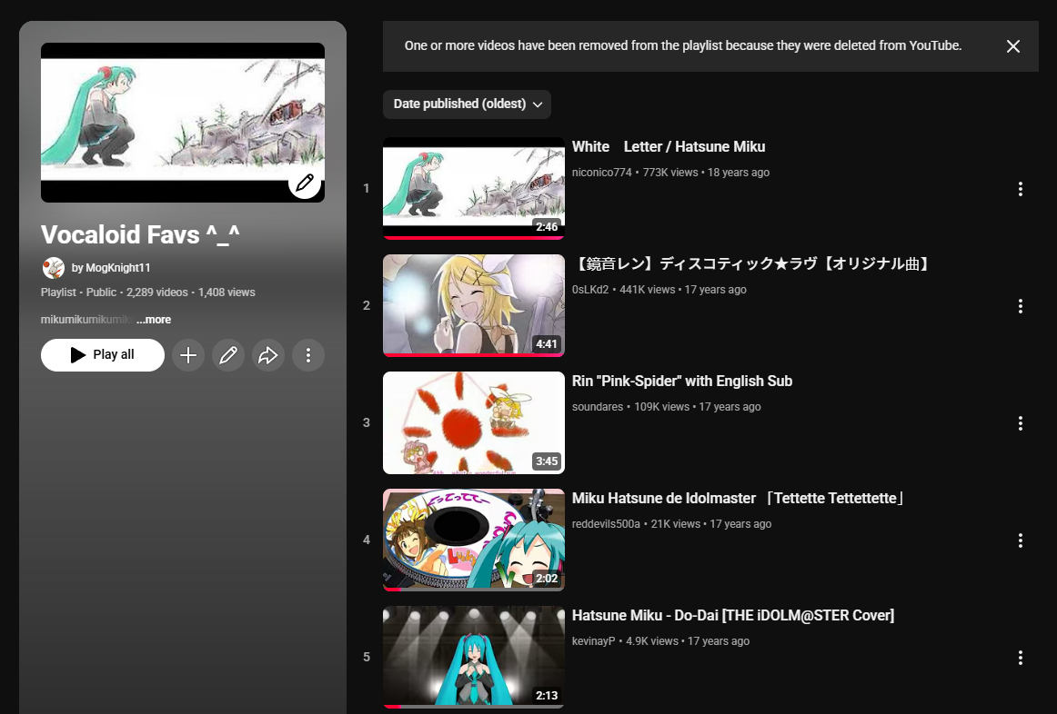 Miku Youtube playlist showing the oldest videos in the playlist from 18 year ago