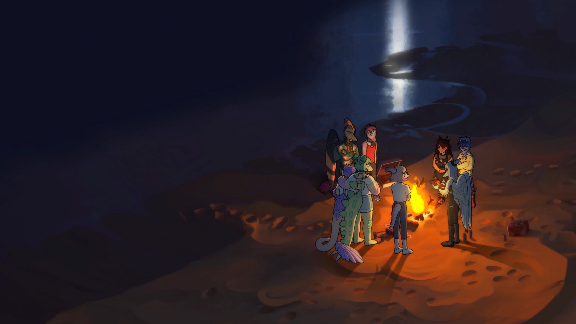 The cast of Goodbye, Volcano High standing by a campfire on the beach at night