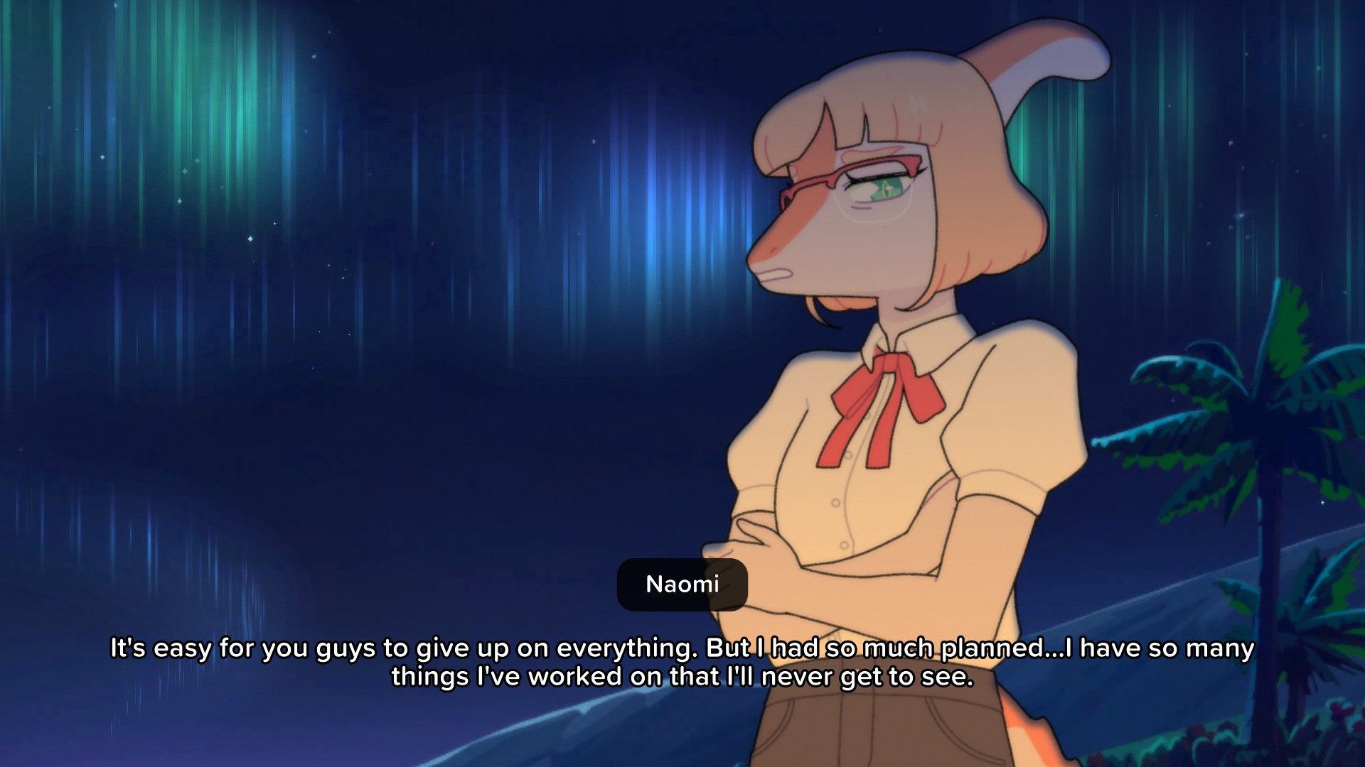A frustrated Naomi, saying 'It's easy for you guys to give up on everything. But I had so much planned... I have so many things I've worked on that I'll never get to see.'