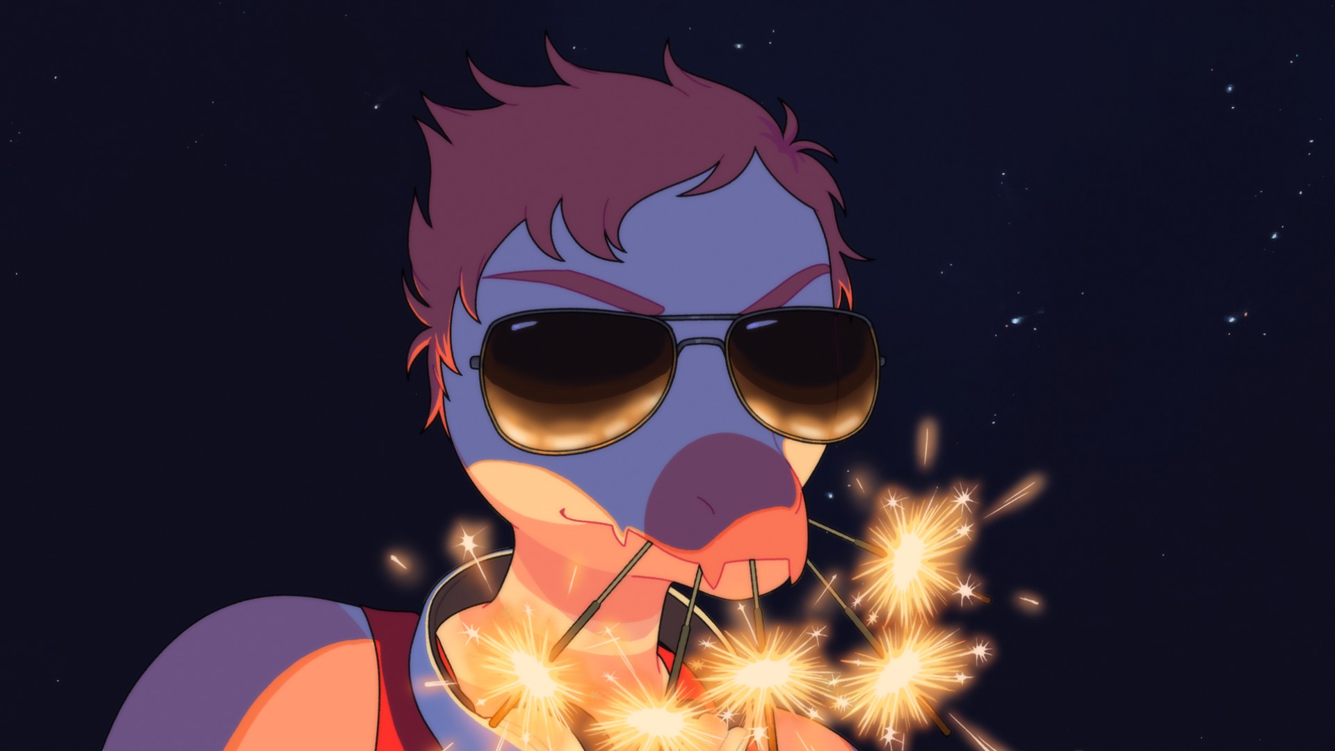 Reed with aviator glasses and four lit firework sparklers in his mouth.