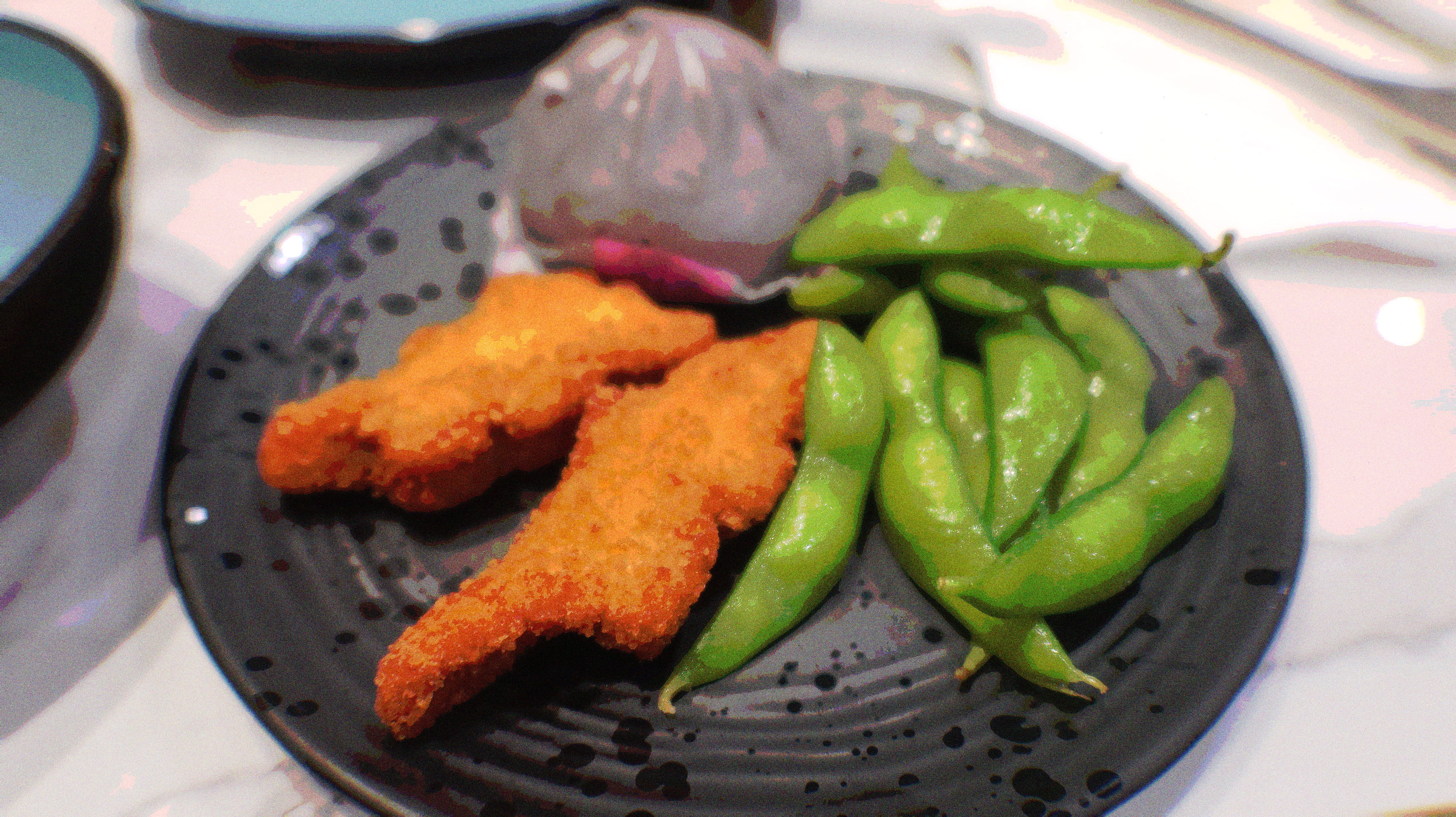 Dino nuggets, edamame, and a taro bun 9/10